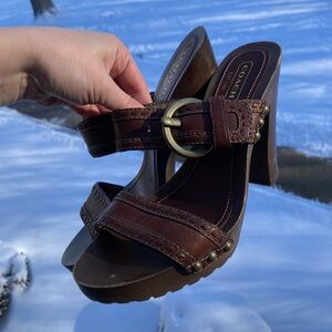 Coach Chrissy Brown Leather Whipstitch Gold Buckle Gold Studded Wooden Heels